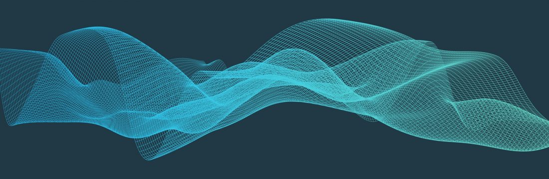 Illustration of soundwaves on blue background. Abstract gradient blue curvy mesh.